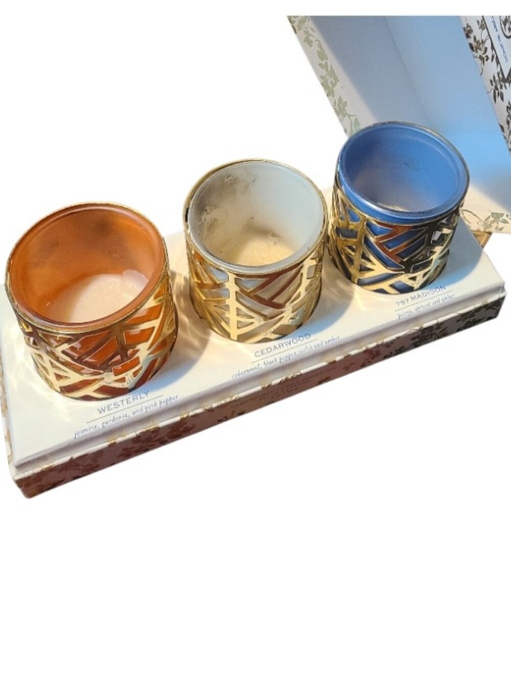 Almost empty Tory Burch White Box with Gold Foil Floral Candle 3 Votives  READ